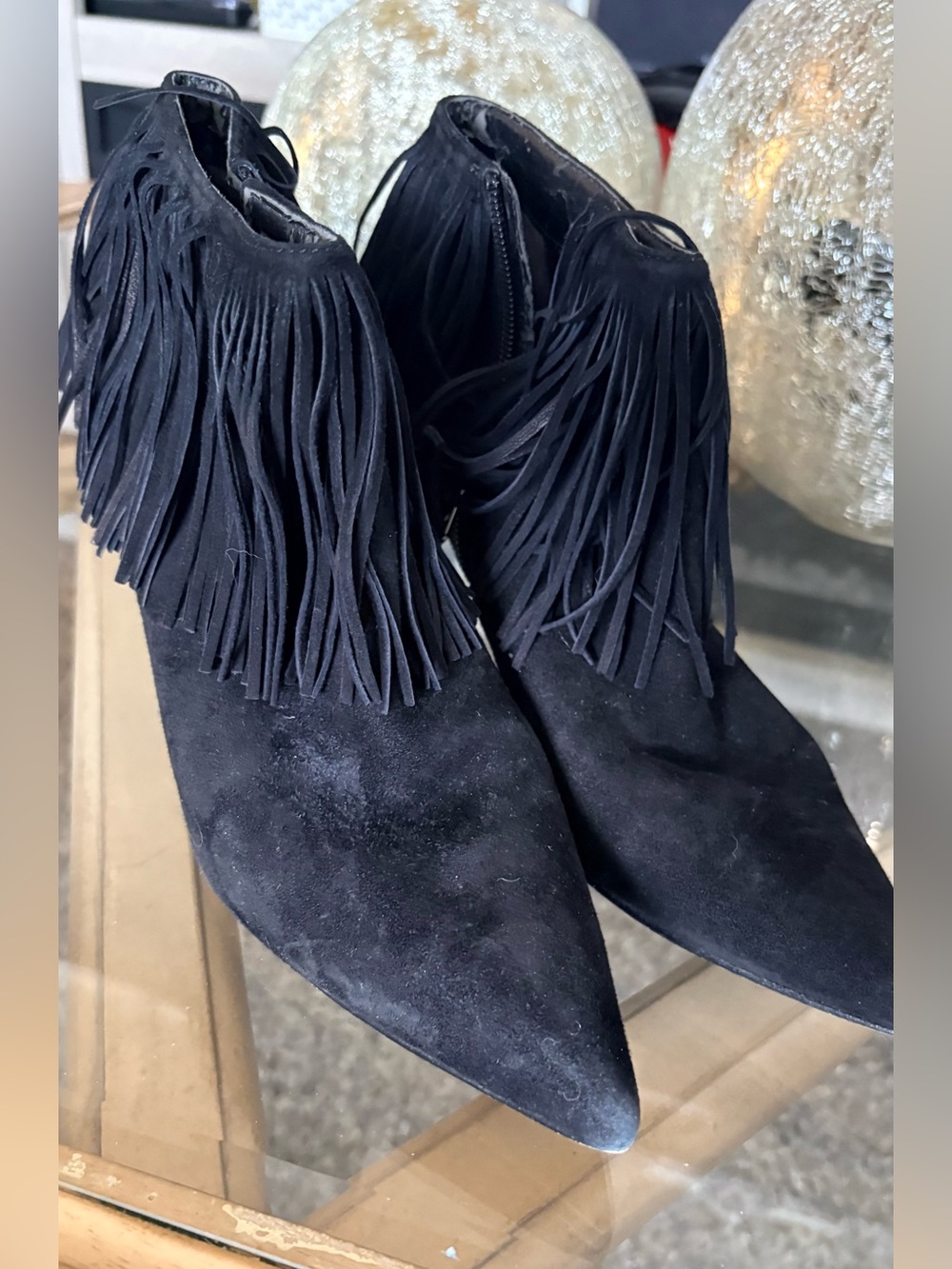 Women's Black Suede Fringe Ankle Boots heels Sam Edelman sz 8 M leather